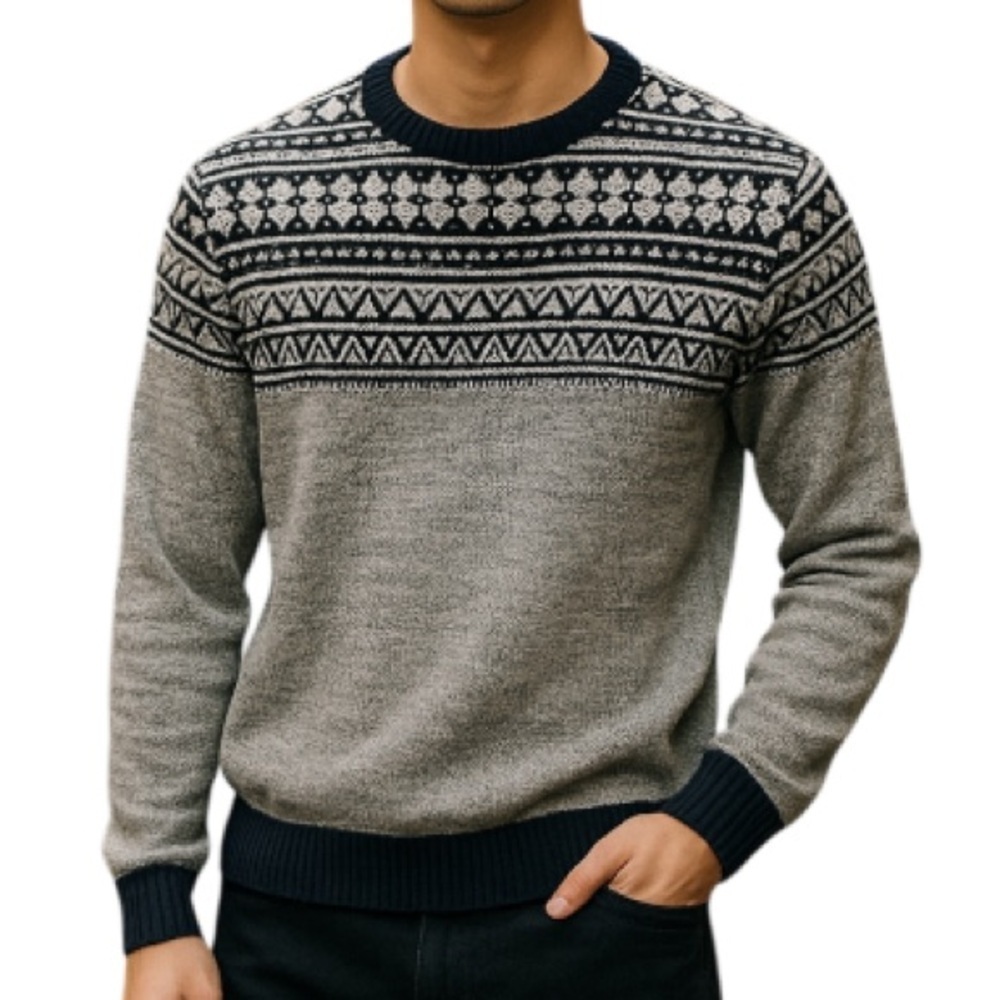 RORIE WHELAN Fair Isle Navy Blue Nordic Pattern Knit Sweater Coastal Grandpa L